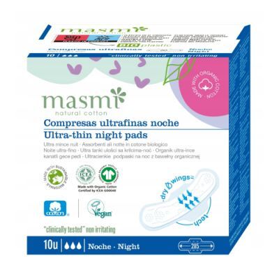 MASMI NATURAL COTTON 100% bawełny organicznej ultracienkie podpaski na noc ze skrzydełkami 10 sztuk