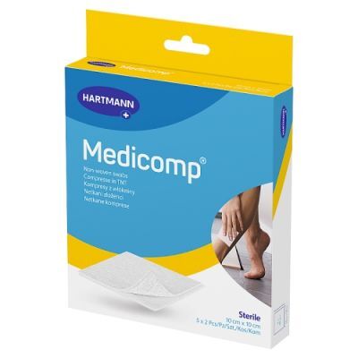 MEDICOMP Kompresy z włókniny JAŁOWE 4-warstwowe 10 cm x 10 cm 10 sztuk (5 x 2 sztuki)