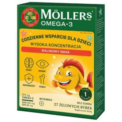 Moller's Omega-3 Wysoka Koncentracja Żelki o smaku malinowym, 27 szt.