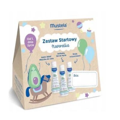 MUSTELA Zestaw Startowy dla noworodka (Delikatny żel do mycia, 100ml + Woda oczyszczająca bez spłukiwania, 100ml + Mleczko do ciała, 100ml)