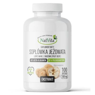 NatVita Soplówka Jeżowata Ekstrakt 20% Polisacharydów, 40% Beta-Glukanów, 100 kaps.