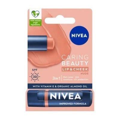 NIVEA Caring Beauty 3w1 Nude Pomadka pielęgnująca do ust SPF30, 4,8g