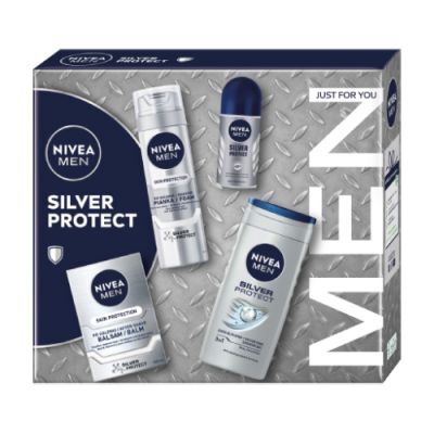 NIVEA MEN Silver Protect Zestaw Pianka do golenia, 200ml + Balsam po goleniu, 100ml + Antyperspirant roll-on, 50ml + Żel pod prysznic, 250ml