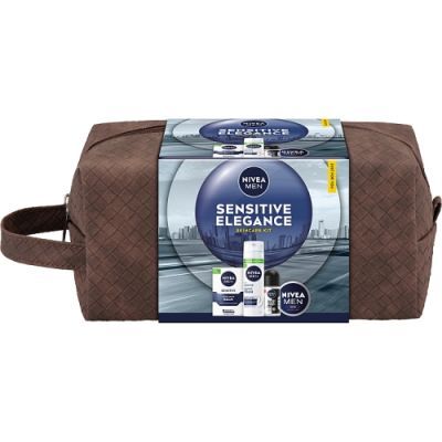 Nivea Men Zestaw kosmetyków dla mężczyzn Sensitive Elegance Balsam po goleniu, 100 ml + Pianka do golenia, 200 ml + Antyperspirant Roll-On, 50 ml + Krem do ciała, twarzy i rąk, 75 ml + kosmetyczka