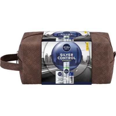 Nivea Men Zestaw kosmetyków dla mężczyzn Silver Control Balsam po goleniu, 100 ml + Pianka do golenia, 200 ml + Antyperspirant Roll-On, 50 ml + kosmetyczka