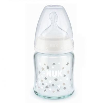 NUK FIRST CHOICE+ butelka niemowlęca szklana 0-6 miesiąca 120 ml BIAŁA ze smoczkiem (747.092C)