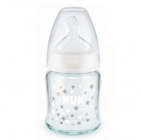 NUK FIRST CHOICE+ butelka niemowlęca szklana 0-6 miesiąca 120 ml BIAŁA ze smoczkiem (747.092C)