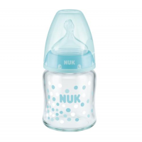 NUK FIRST CHOICE+ butelka niemowlęca szklana 0-6 miesiąca 120 ml NIEBIESKA ze smoczkiem (747.092A)