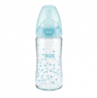 NUK FIRST CHOICE+ butelka niemowlęca szklana 0-6 miesięcy 240 ml NIEBIESKA ze smoczkiem (745.097A)