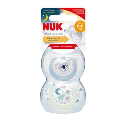 NUK STAR DAY & NIGHT Silikonowy smoczek uspokajający 0-6 miesiąca dla chłopca 2 sztuki (730.714A)