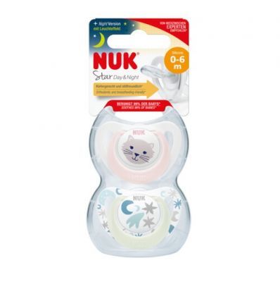 NUK STAR DAY & NIGHT Silikonowy smoczek uspokajający 0-6 miesiąca dla dziewczynki 2 sztuki(730.714B)