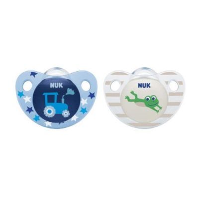 NUK Trendline Silikonowy smoczek uspokajający 6-18m Boy Lokomotywa/Żaba, 2szt.