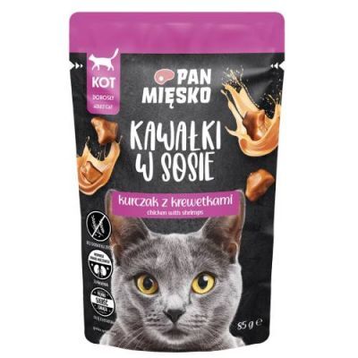 Pan Mięsko Karma mokra dla kota Kawałki w sosie Kurczak z krewetkami (dorosły), 85 g
