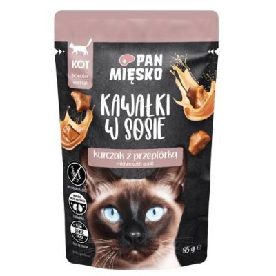 Pan Mięsko Karma mokra dla kota Kawałki w sosie Kurczak z przepiórką (dorosły), 85 g