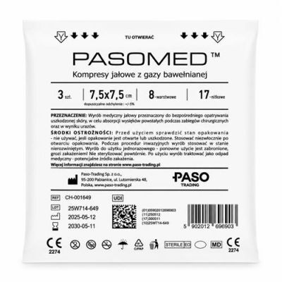 Pasomed Kompresy jałowe z gazy bawełnianej 17N 8W, 7,5x7,5 cm, 3 szt.