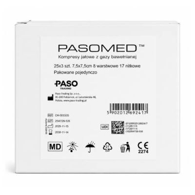 Pasomed Kompresy jałowe z gazy bawełnianej 17N 8W A'3, 7,5x7,5 cm, 25x 3 szt.