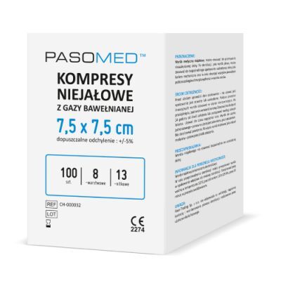 Pasomed Kompresy niejałowe, 8-warstwowe, 17-nitkowe 7,5 cm x 7,5 cm, 100 szt.