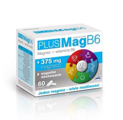 PLUSMAG B6 375 mg magnezu (cytrynian, mlecza, węglan, siarczan magnezu) + witamina B6 60 tabletek