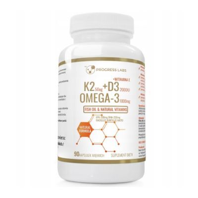 Progress Labs Omega-3 1000 mg + K2 50 mcg + D3 50 mcg 2000 IU, 90 kaps.