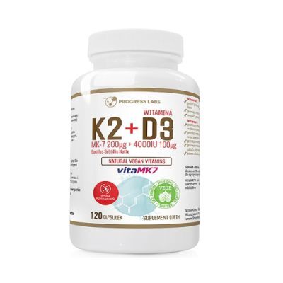 Progress Labs Witamina K2 VitaMK7 200 mcg + D3 4000 IU Natural Vegan Vitamins, 120 kaps.