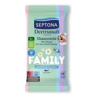 SEPTONA Dermasoft Family Nawilżane chusteczki z rumiankiem, 12szt. KRÓTKA DATA 31.08.2026