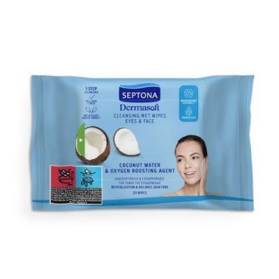 SEPTONA Dermasoft Oczyszczające chusteczki nawilżane z wodą kokosową do twarzy i oczu, 20szt. KRÓTKA DATA 31.01.2026