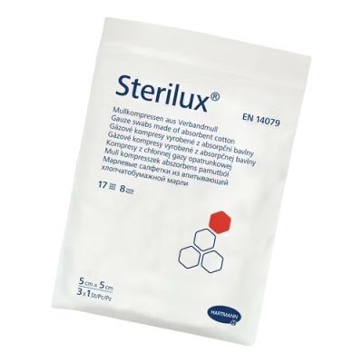 STERILUX Kompresy gazowe JAŁOWE  8-warstw 17-nitkowe  5cm x 5cm  3 sztuki HARTMANN