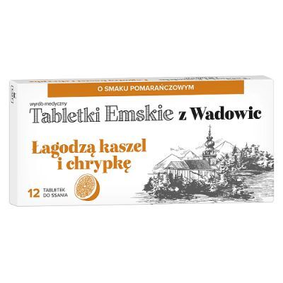 Tabletki Emskie z Wadowic Łagodzą kaszel i chrypkę smak pomarańczowy, 12 tabletek