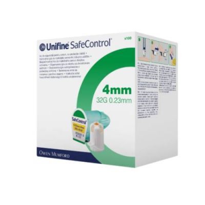 Unifine SafeControl 4 mm 32G 0.23 mm Bezpieczna igła do wstrzykiwacza z podwójną ochroną, 100 szt.