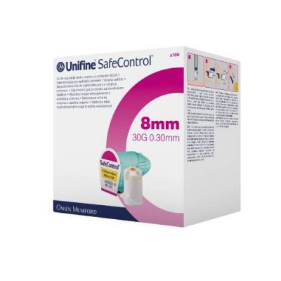 Unifine SafeControl 8 mm 30G 0.30 mm Bezpieczna igła do wstrzykiwacza z podwójną ochroną, 100 szt.