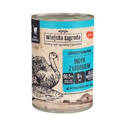 Wiejska Zagroda Karma mokra dla kota Indyk z łososiem (dorosły), 400 g