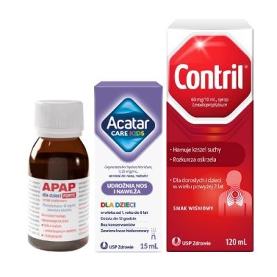 Zestaw Apap dla dzieci Forte smak malinowy, 85 ml + Acatar Care Kids, 15 ml + Contril, 120 ml