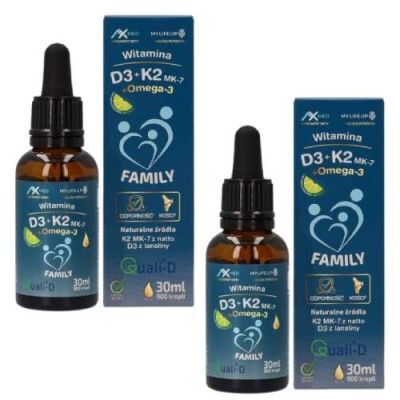 Zestaw AX MED Witamina D3+K2 MK-7+Omega-3 Family Krople dla dzieci i dorosłych, 2 x 30 ml