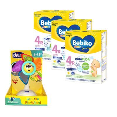 Zestaw Bebiko Junior 4R Odżywcza formuła na bazie mleka dla małych dzieci powyżej 2. roku życia, 3x600g +  CHICCO Wiatraczek z przyssawką 6-18 m