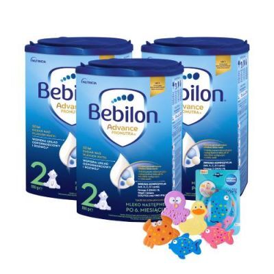 Zestaw Bebilon 2 Pronutra+ Mleko następne w proszku dla niemowląt po 6. miesiącu, 3 x 800 g + Canpol Babies zestaw zabawek do kąpieli z przyssawkami, 5 szt.
