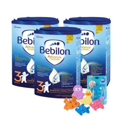 Zestaw Bebilon 3 Pronutra Junior Formuła na bazie mleka po 1. roku życia, 3 x 800 g + Canpol Babies zestaw zabawek do kąpieli z przyssawkami, 5 szt.