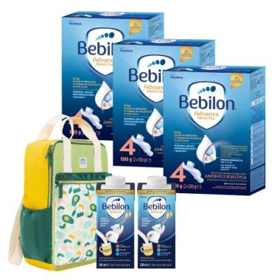 Zestaw Bebilon 4 Pronutra Junior Formuła na bazie mleka po 2. roku życia, 3 x 1000 g + kolorowy plecak Mustela z dwoma mlekami Bebilon Junior 200 ml