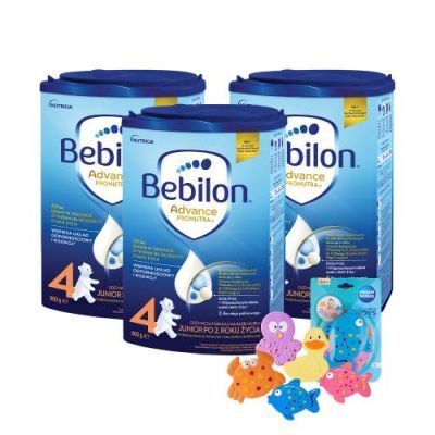 Zestaw Bebilon 4 Pronutra Junior Formuła na bazie mleka po 2. roku życia, 3 x 800 g + Canpol Babies zestaw zabawek do kąpieli z przyssawkami, 5 szt.