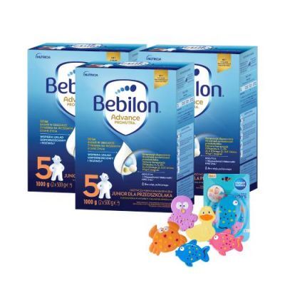 Zestaw Bebilon 5 Advance Pronutra Junior Formuła na bazie mleka dla przedszkolaka, 3 x 1000 g + Canpol Babies zestaw zabawek do kąpieli z przyssawkami, 5 szt.
