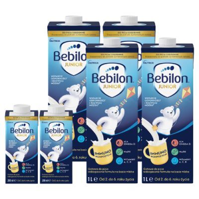 Zestaw Bebilon Junior Gotowa do picia wzbogacona formuła na bazie mleka od 2. do 6. roku życia, 4x 1l + 2x 200 ml
