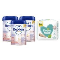 Zestaw Bebilon Profutura Duobiotik 5 Formuła na bazie mleka dla przedszkolaka, 3x800 g + Pampers Sensitive Chusteczki nawilżane, 6x52 szt.
