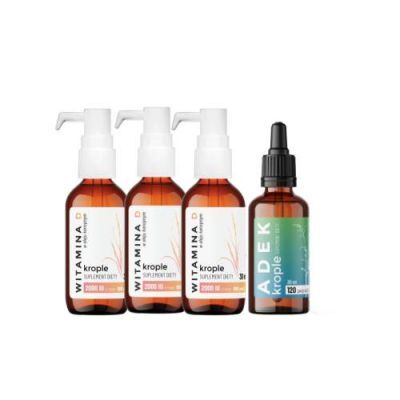 Zestaw BioceriQ Pharma Witamina D W Oleju Konopnym 2000 IU, 3 x 30 ml + Biovska ADEK krople, 30 ml