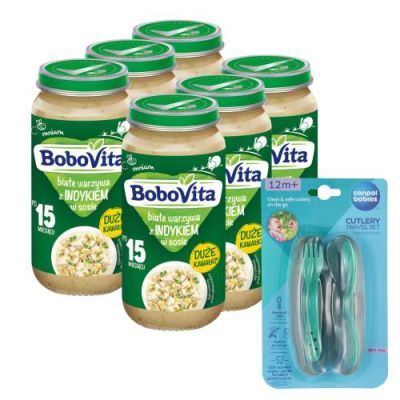 Zestaw BoboVita Białe warzywa z indykiem w sosie po 15 miesiącu, 6 x 250 g + Canpol Babies Zestaw sztućców w etui, 1 szt.