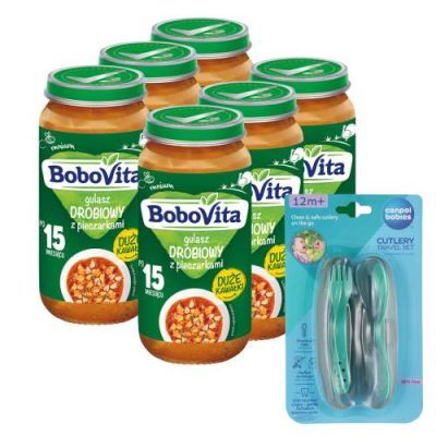 Zestaw BoboVita Gulasz drobiowy z pieczarkami po 15 miesiącu, 6 x 250 g + Canpol Babies Zestaw sztućców w etui, 1 szt.
