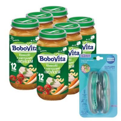 Zestaw BoboVita Kluseczki z warzywami i indykiem po 12 miesiącu, 6 x 250 g + Canpol Babies Zestaw sztućców w etui, 1 szt.