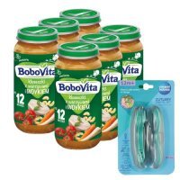 Zestaw BoboVita Kluseczki z warzywami i indykiem po 12 miesiącu, 6 x 250 g + Canpol Babies Zestaw sztućców w etui, 1 szt.
