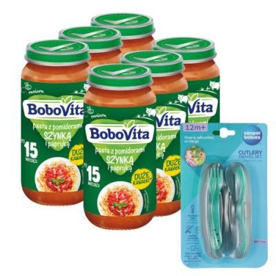 Zestaw BoboVita Pasta z pomidorami, szynką i papryką po 15. miesiącu, 6 x 250g + Canpol Babies Zestaw sztućców w etui, 1 szt.