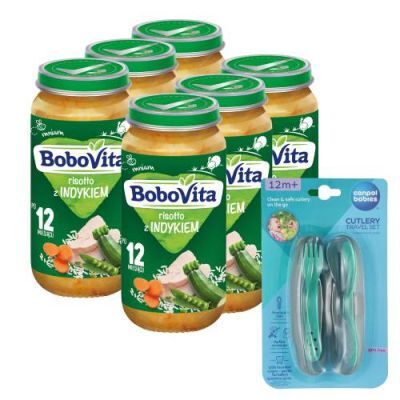 Zestaw BoboVita Risotto z indykiem po 12 miesiącu, 6 x 250 g + Canpol Babies Zestaw sztućców w etui, 1 szt.