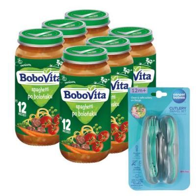Zestaw BoboVita Spaghetti po bolońsku po 12 miesiącu, 6 x 250 g + Canpol Babies Zestaw sztućców w etui, 1 szt.