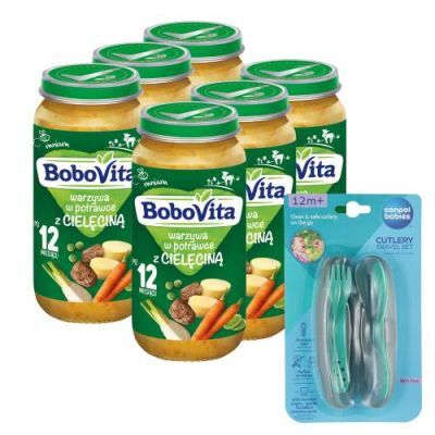 Zestaw BoboVita Warzywa w potrawce z cielęciną po 12 miesiącu, 6 x 250 g + Canpol Babies Zestaw sztućców w etui, 1 szt.